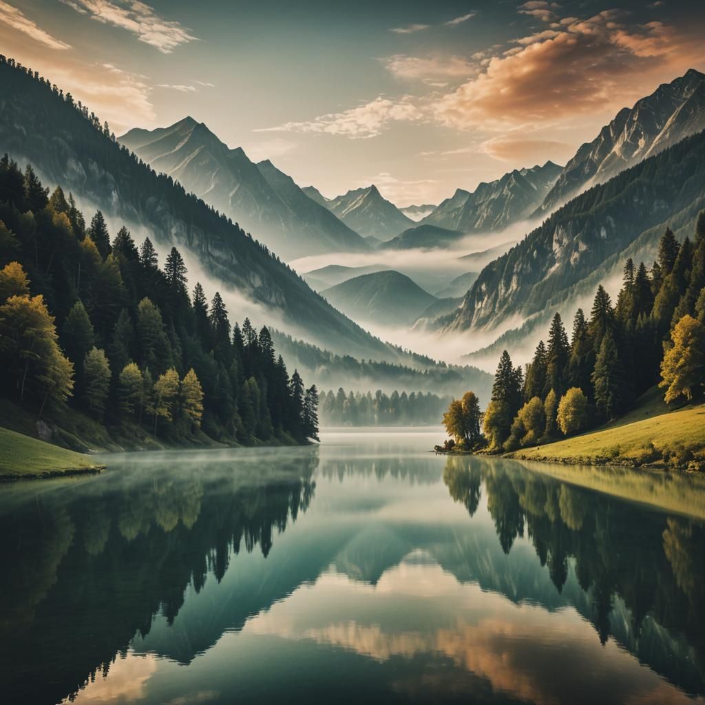 Epic Lake Landscape with Cubist Geometric Forms