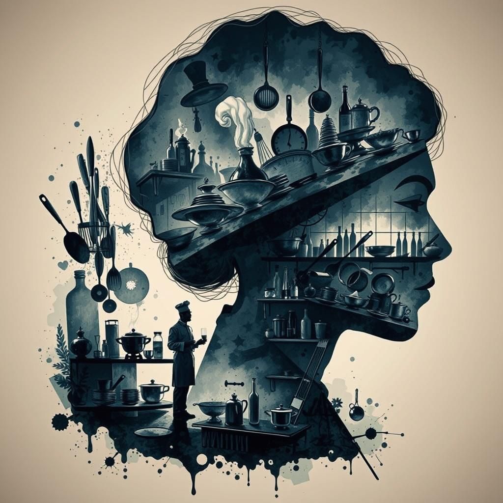 Double Exposure Chef Silhouette in Ink Painting Style