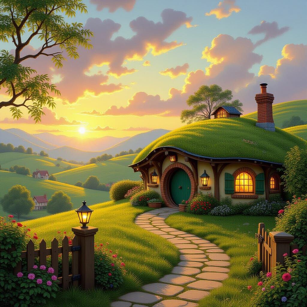 Charming Hobbiton House at Sunset in Kinkade Style