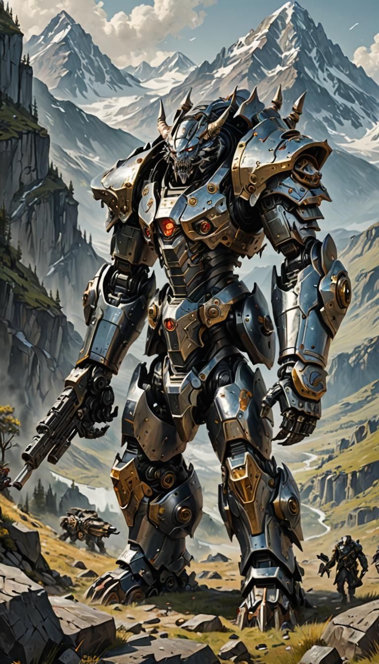 Armored Mechanical Beast on Mountainous Terrain