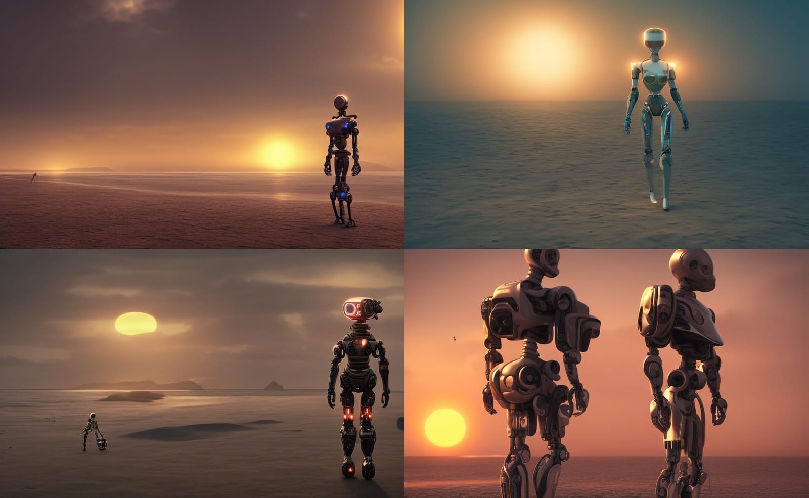 Cyborg Robot Walks on Beach at Sunset