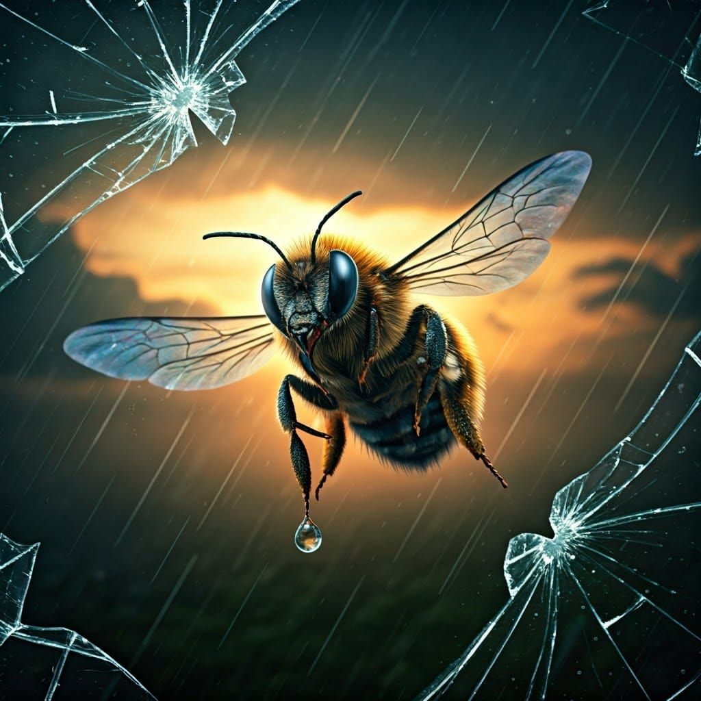 Rainy Sunset Bee in Mid-Air, Iridescent Wings Glowing
