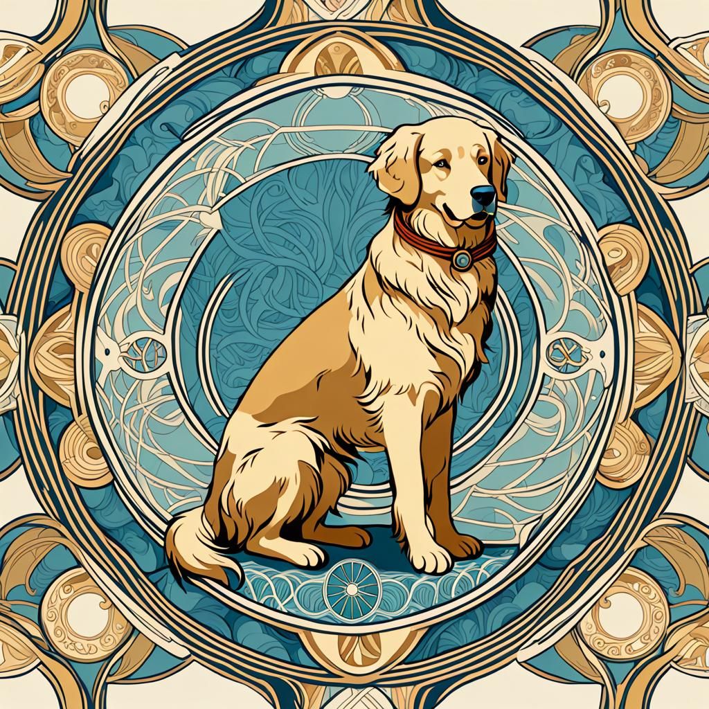 Nautical Golden Retriever Art Nouveau Pattern