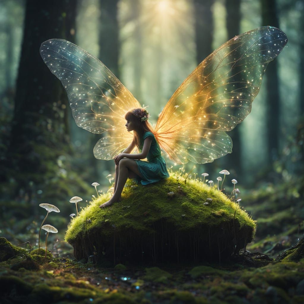 Surreal Fairy on Glowing Mushroom in Enchanted Forest