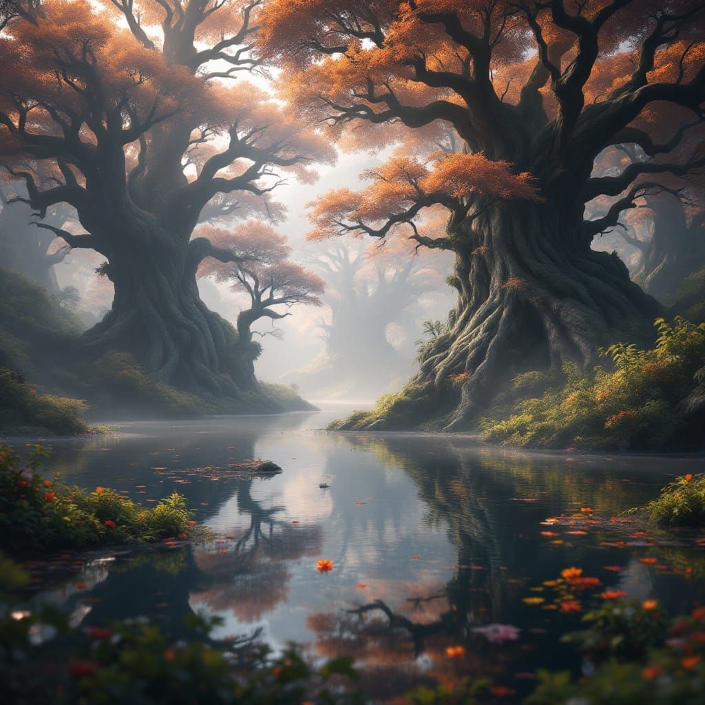 Mystical Lake Reflects Majestic Trees: Dreamlike Digital Art