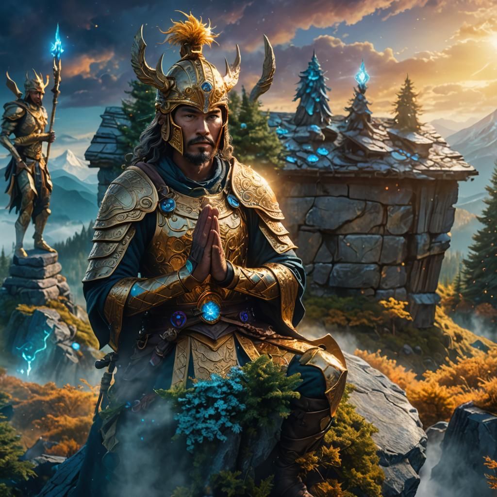 Mystical Warrior on Mountain in Matte Painting Style