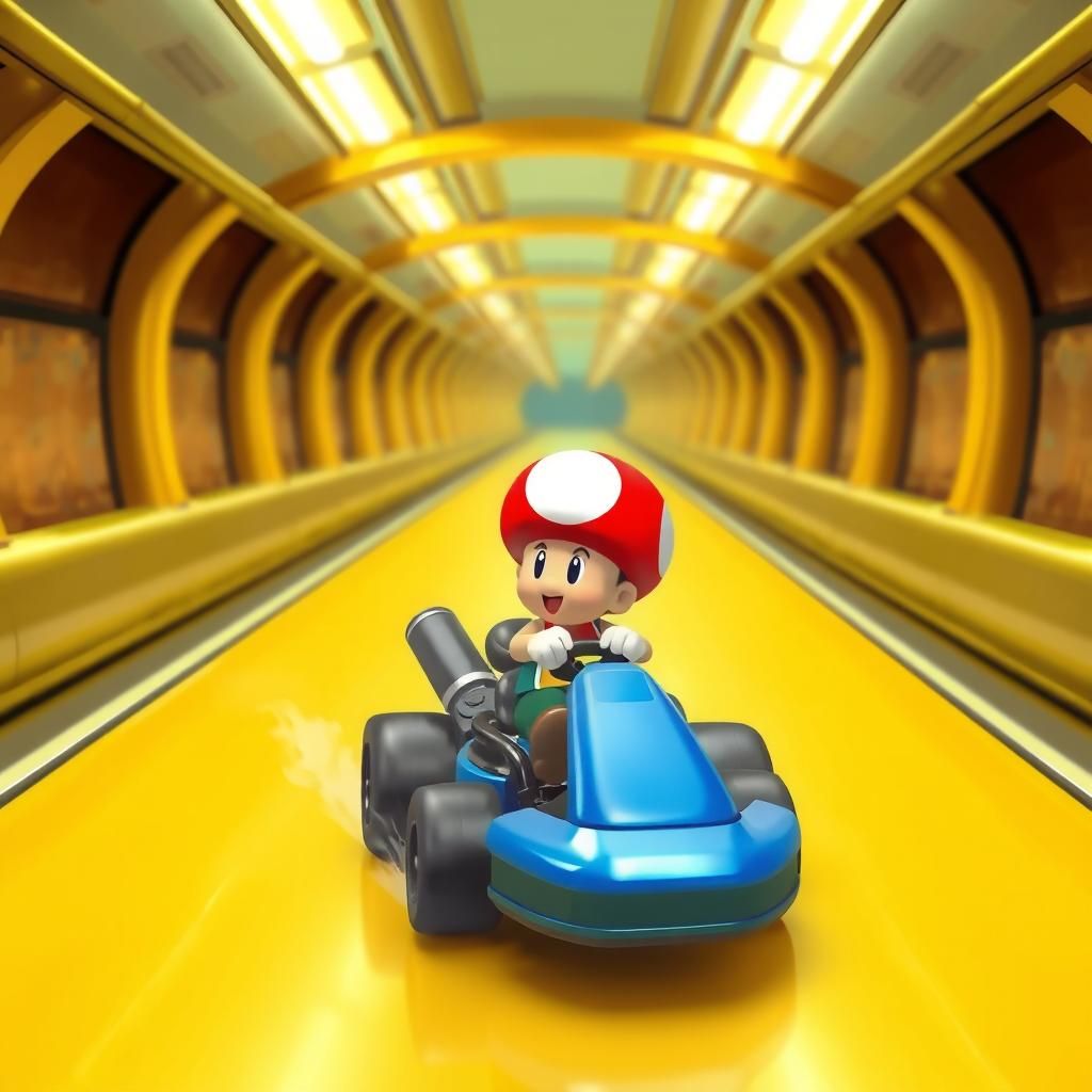 Red Toad driving a blue Mariokart on the Golden Bell Subway