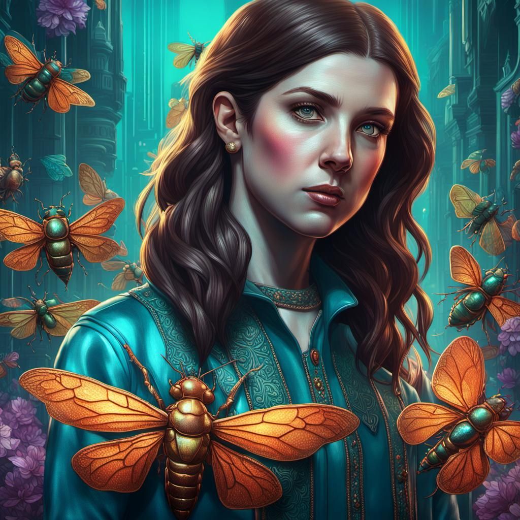 Anna Kendrick with Iridescent Beetles: Hyperdetailed Concept...