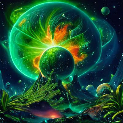Surreal Cosmic Green Exoplanet in Vibrant Holographic Style