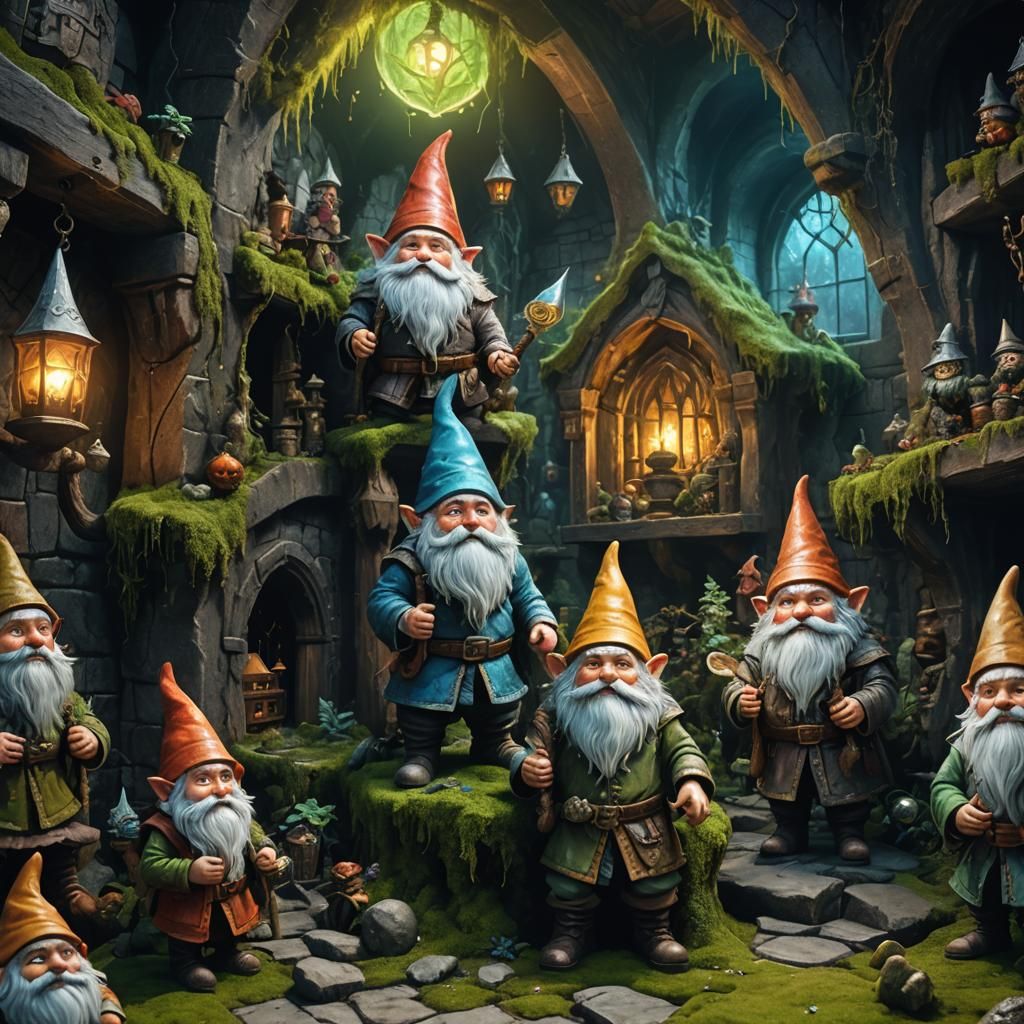 Gnomes in Dark Medieval Lair, Mixed Media Illustration