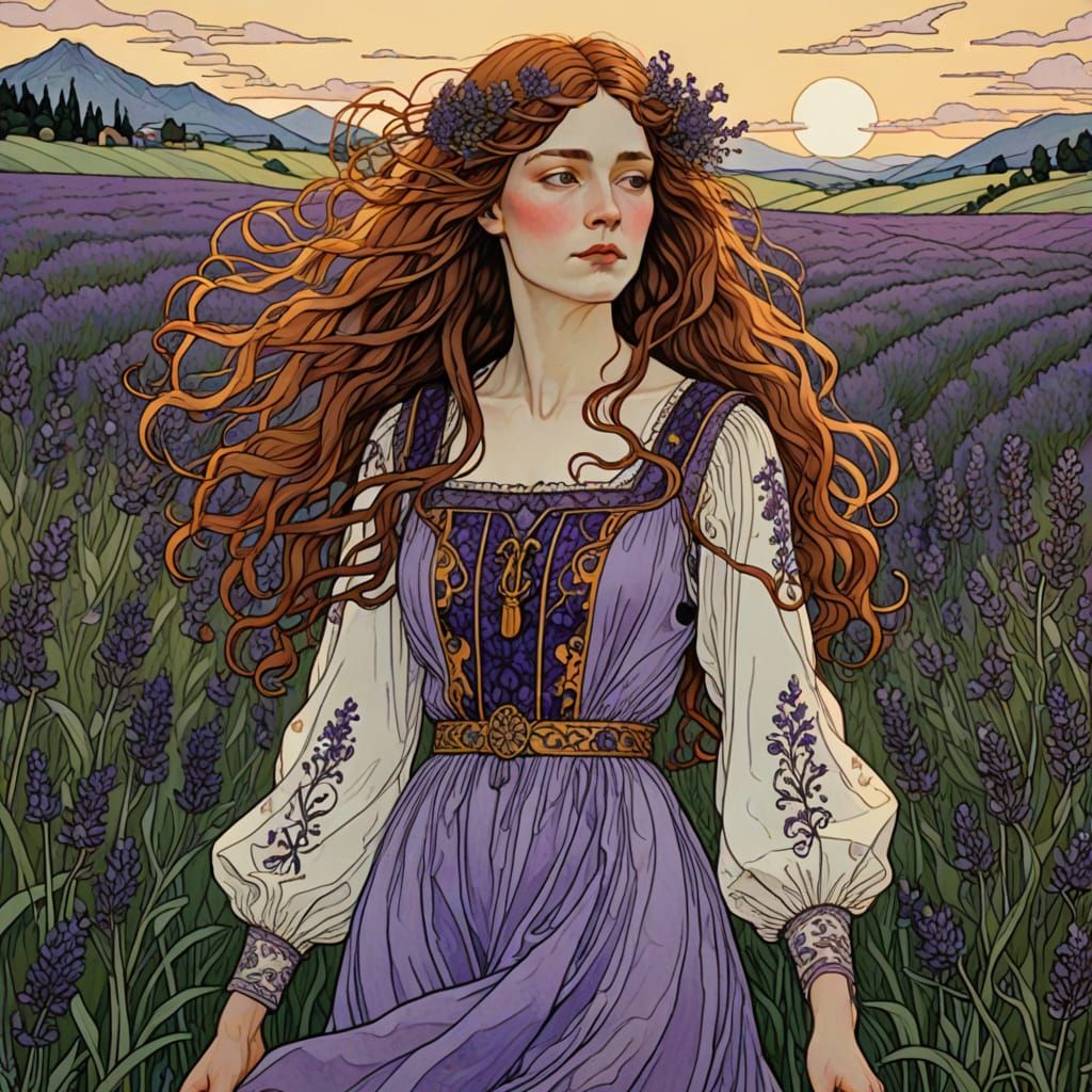 Art Nouveau Woman in Lavender Field