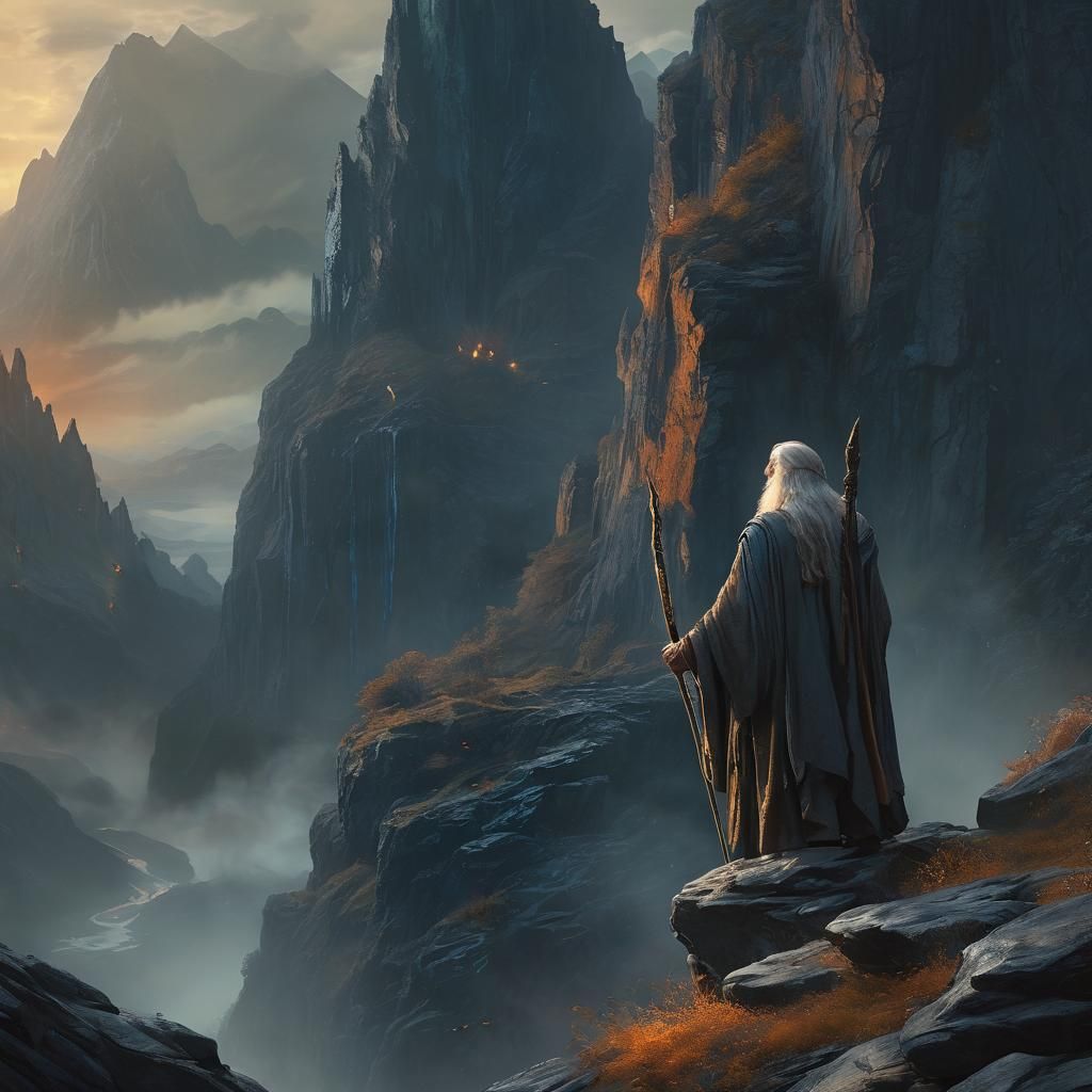 Gandalf on Rocky Cliffside at Dusk, Fantasy Art