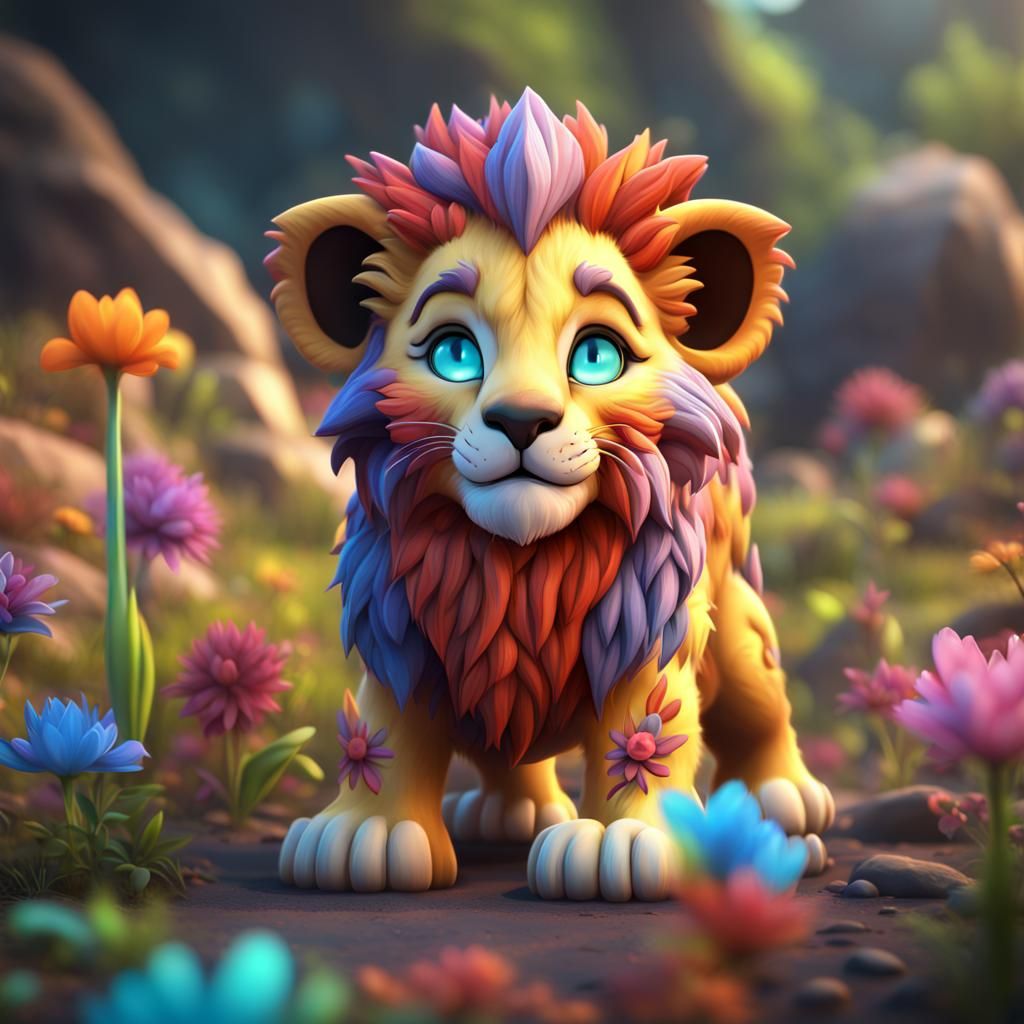 Colorful 3D Cartoon Lion Cub, Detailed Digital Art