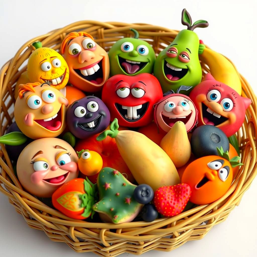 Vibrant Fruit Ensemble in Whimsical Claymation Style