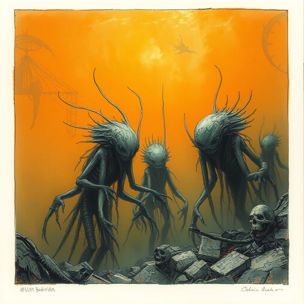 Underwater Aliens in Dystopian Orange Ocean