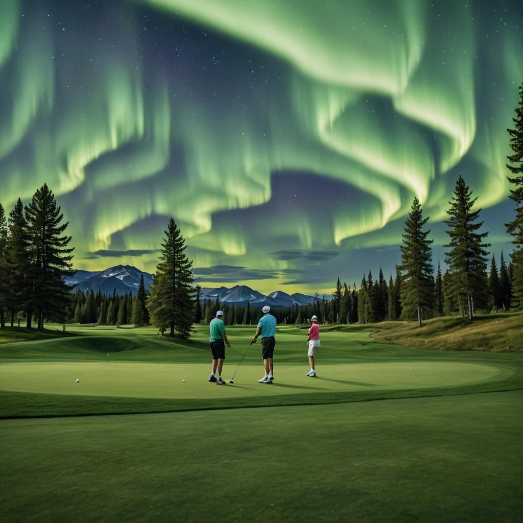 Golfing Under Aurora Borealis in Summer