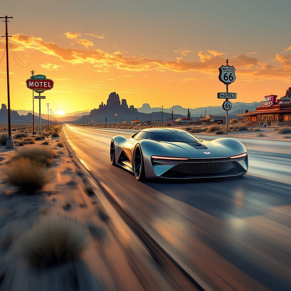 Bentley EXP 100 GT on Route 66 in Retrofuturistic Style