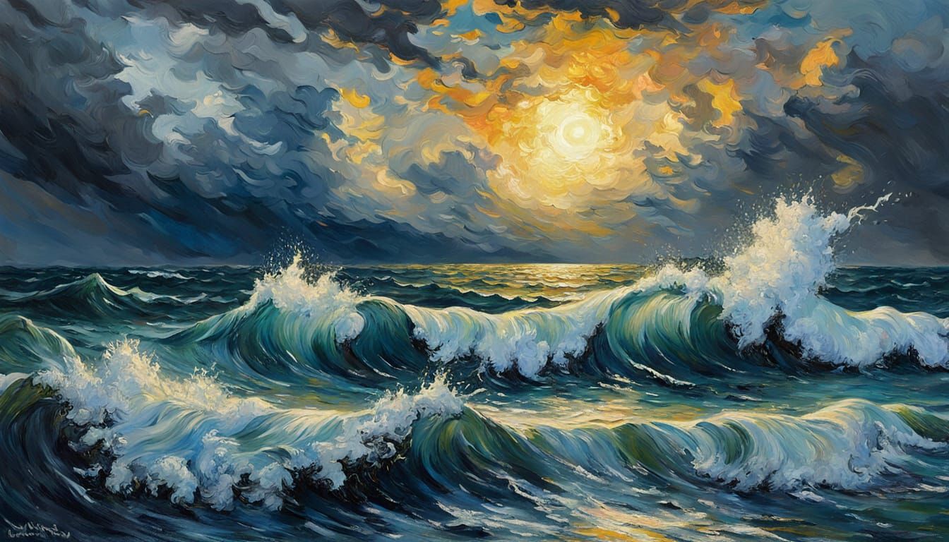 Impressionist Oil Painting of Nature Symphony Over Stormy Se...