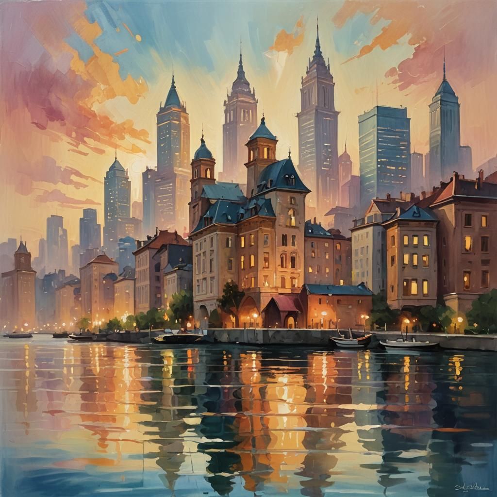 Floating Cityscape in Serene Waters, Impasto Gouache