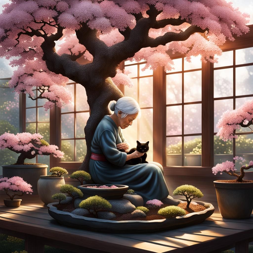 Bonsai Cherry Tree with Old Woman