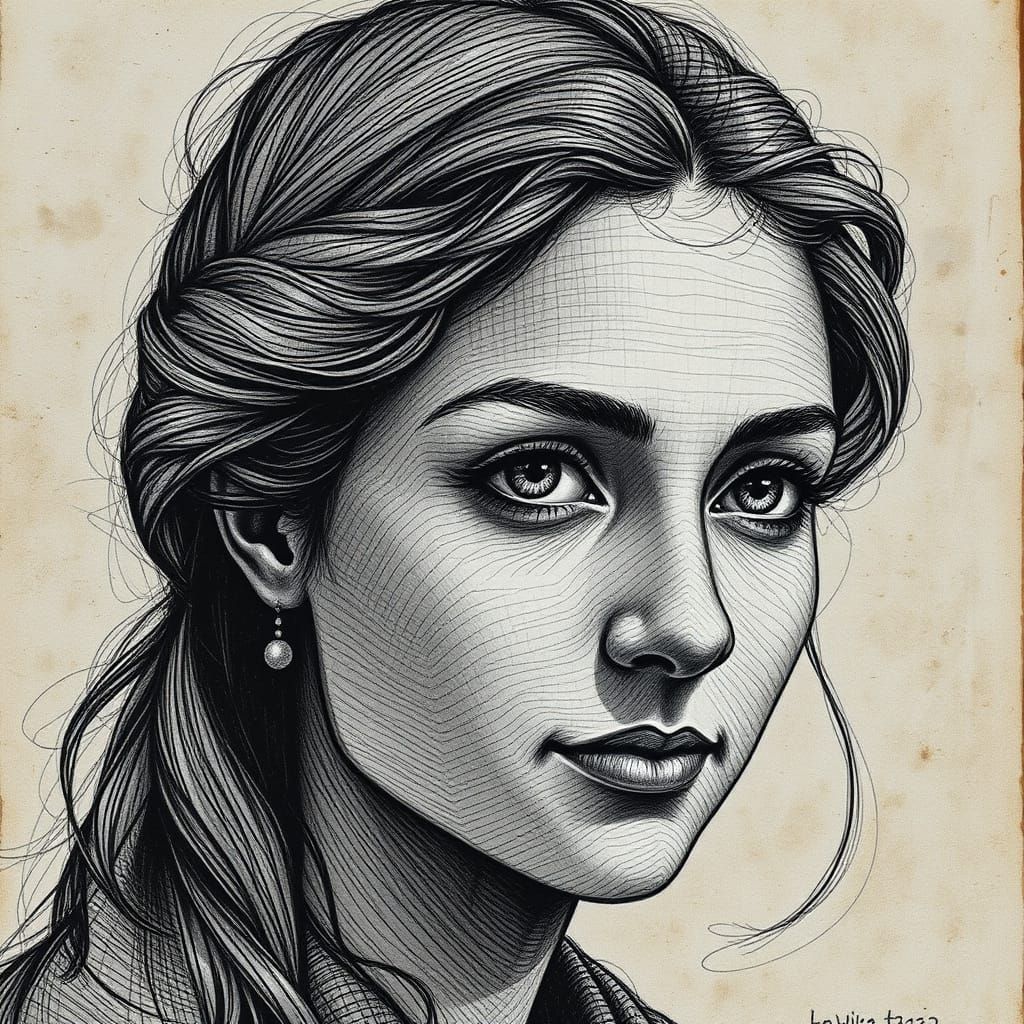 Renaissance-Inspired Portrait in Intricate Crosshatching Sty...