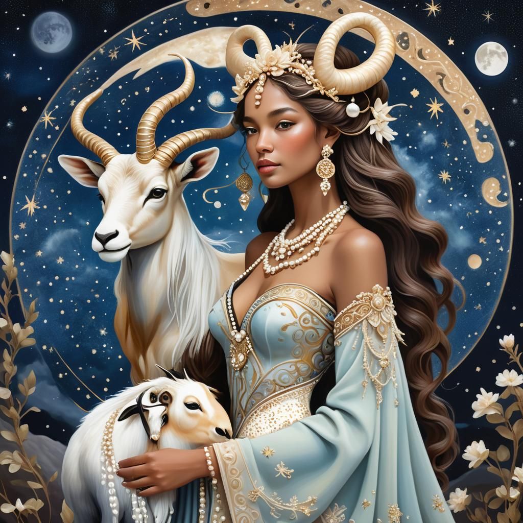 Woman with Capricorn Under Starry Sky