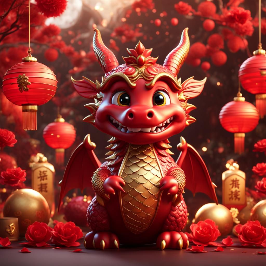 Cute Dragon Celebrates Chinese New Year in Red