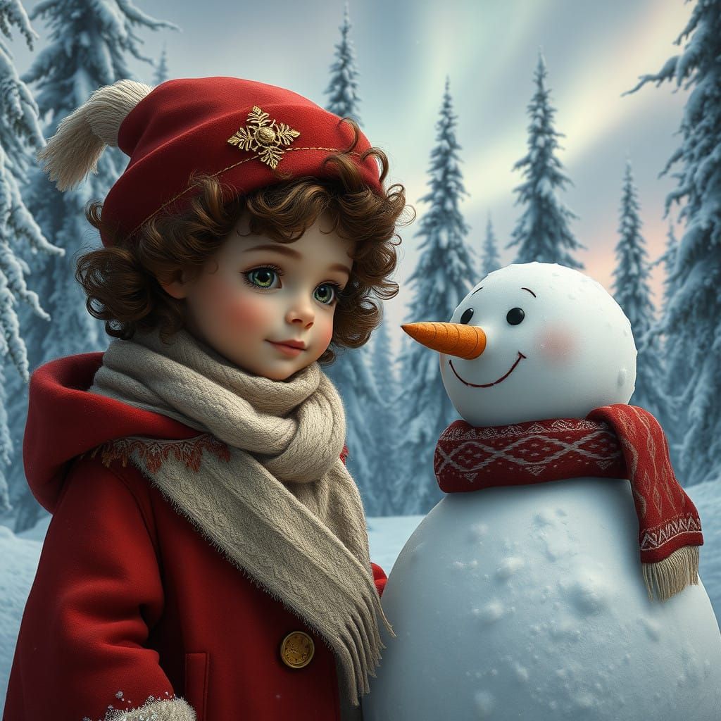 Snowy Forest Maiden Builds Fantasy Snowman