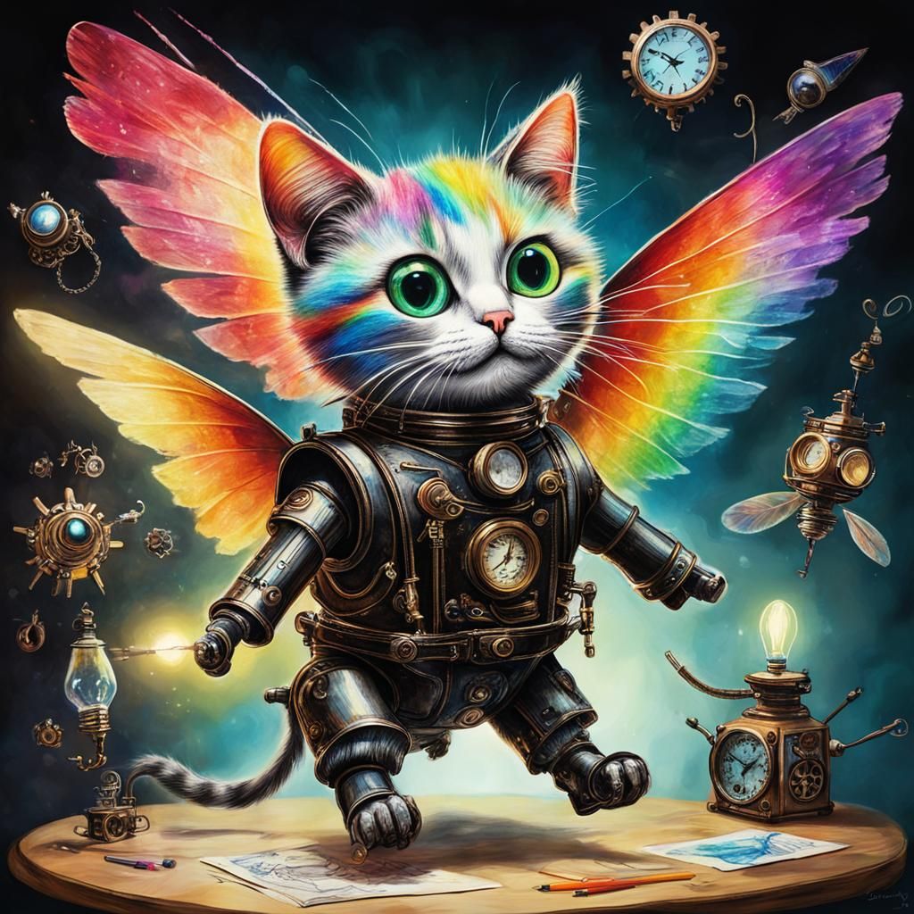 Steampunk Cats in Flight: Surreal Crayon Drawing