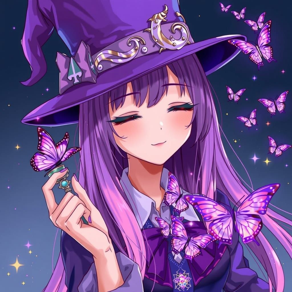 Ethereal Anime Magician with Vibrant Purple and Pink Hair