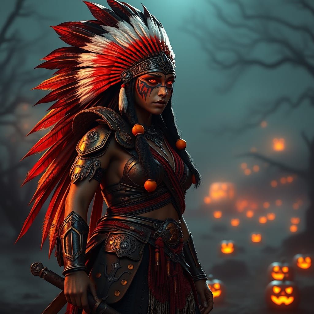Indian Warrior on Halloween Night in Realistic 3D Style