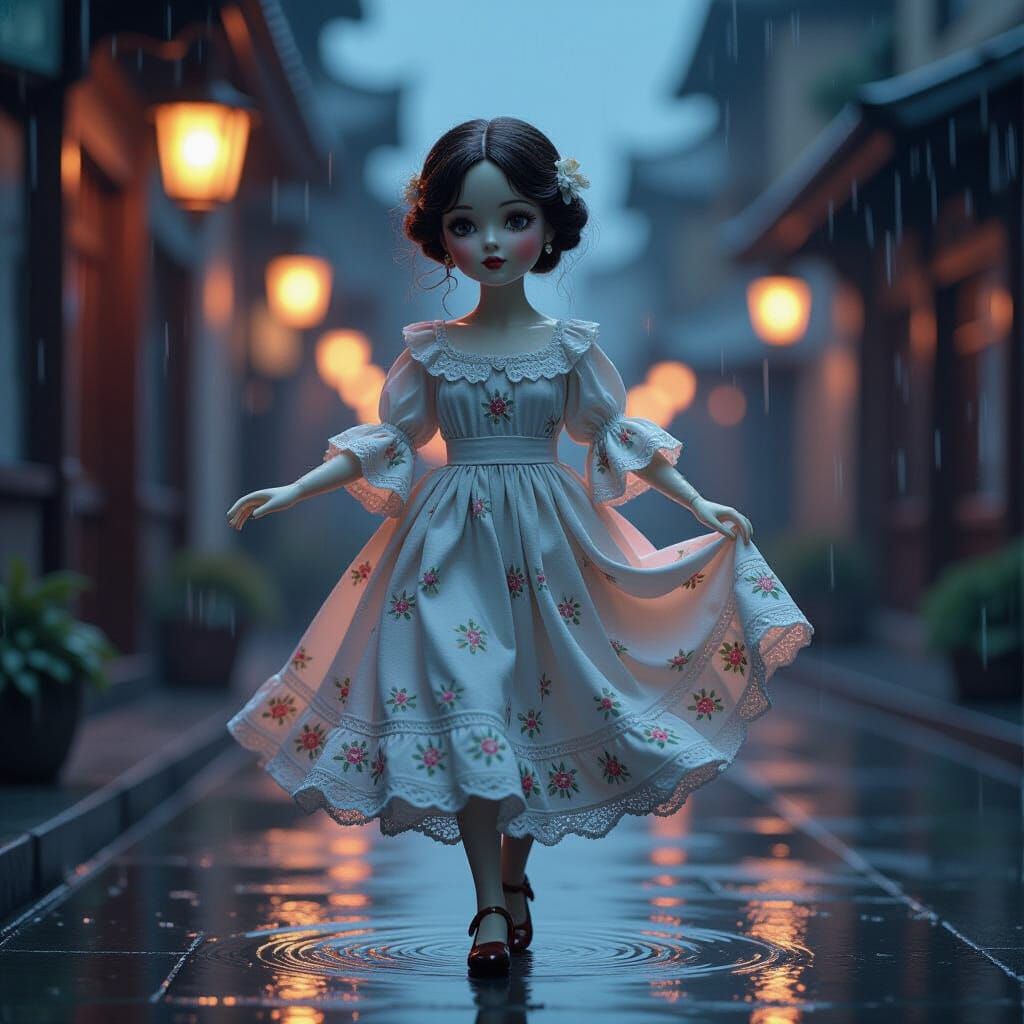 Porcelain Doll Dancing in Rain: Hyper-Realistic Night Scene