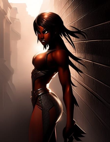 Dark-Skinned Cambion Demon Girl in Film Noir Style