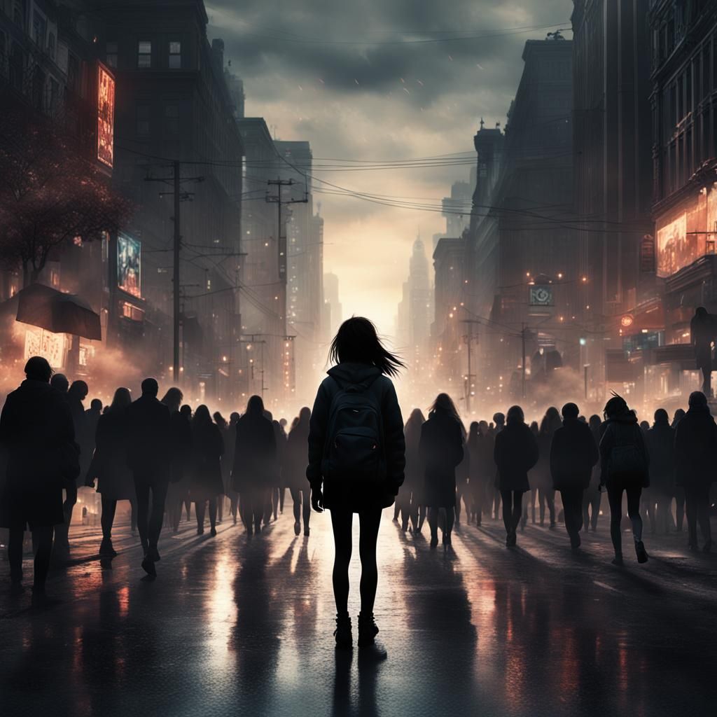 Crying Girl Silhouette in Crowded Street: Digital Art