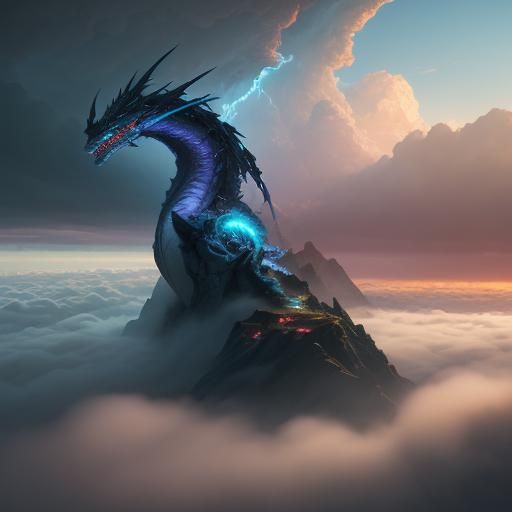 Thunder Dragon Soaring Above Clouds in Detailed Matte Painti...