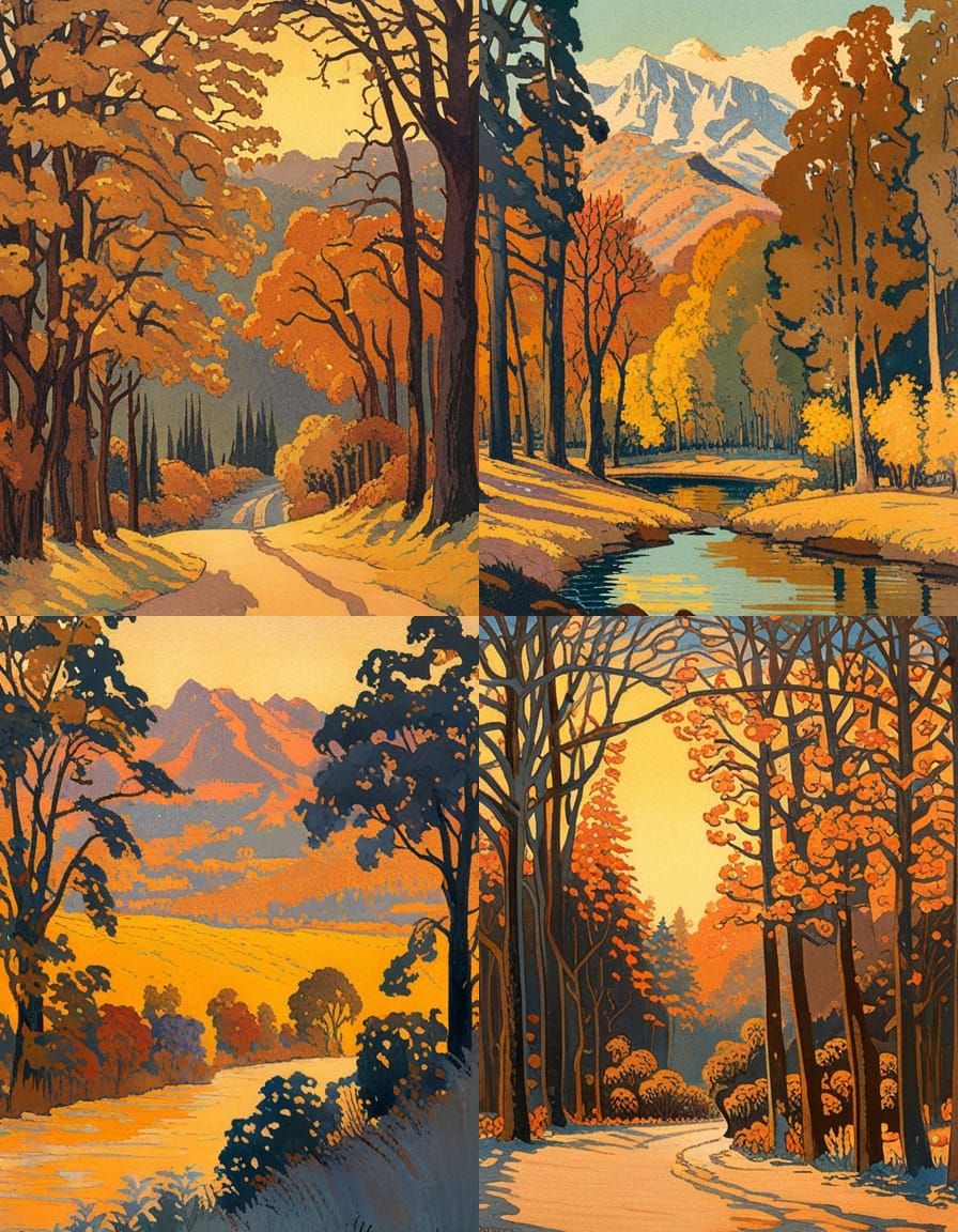 Vintage Woodcut Style Landscape