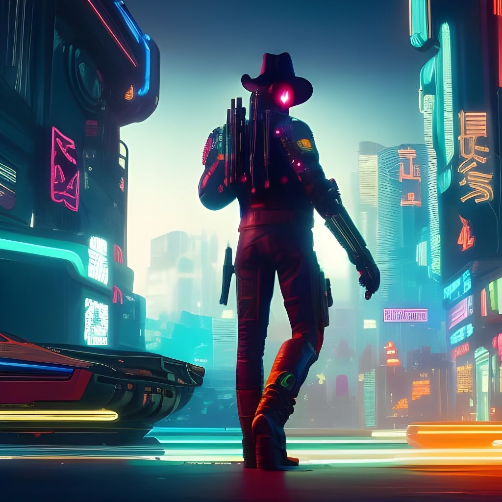 Cyberpunk Cowboy on Robot Horse in Neon City