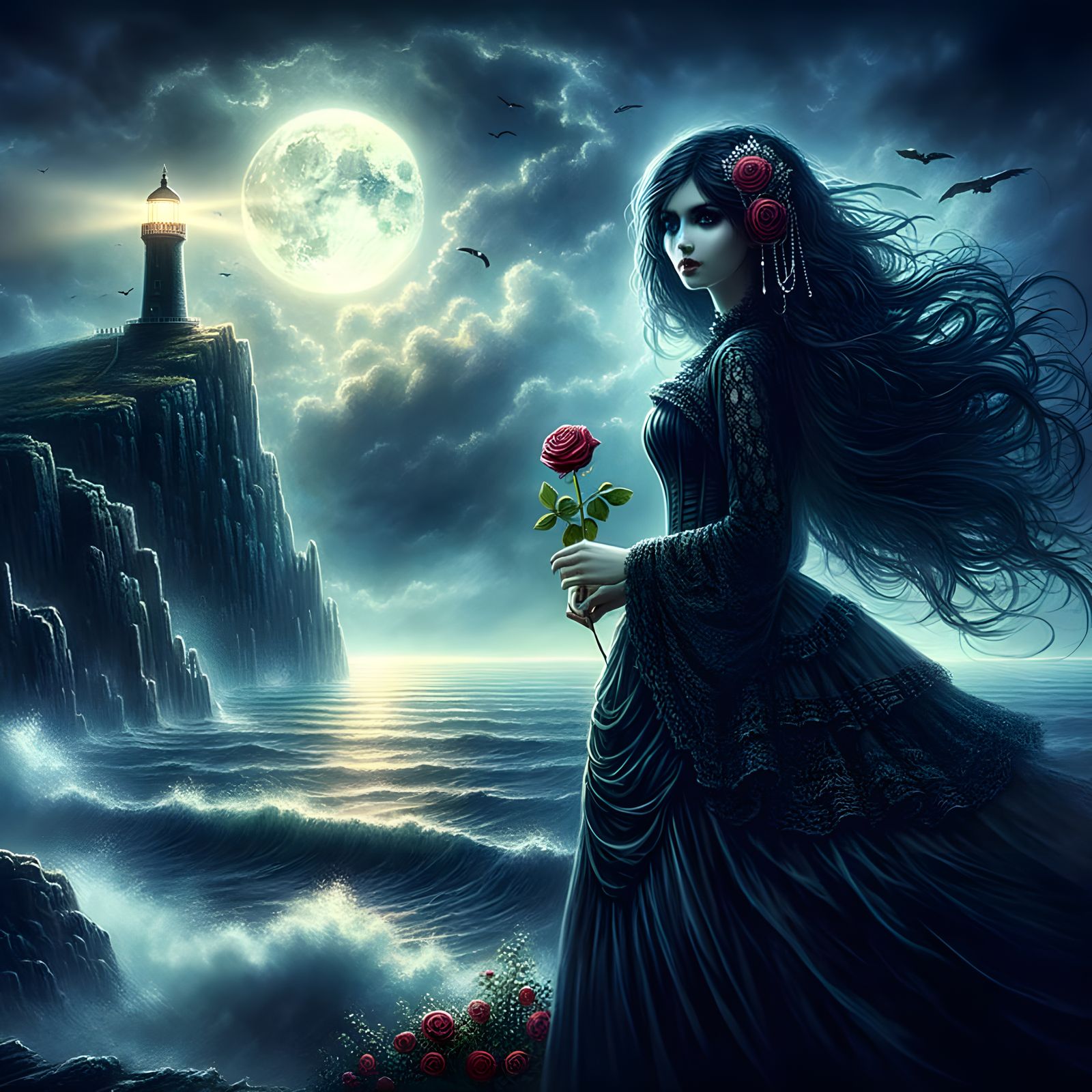 Gothic Woman with Rose at Stormy Coast