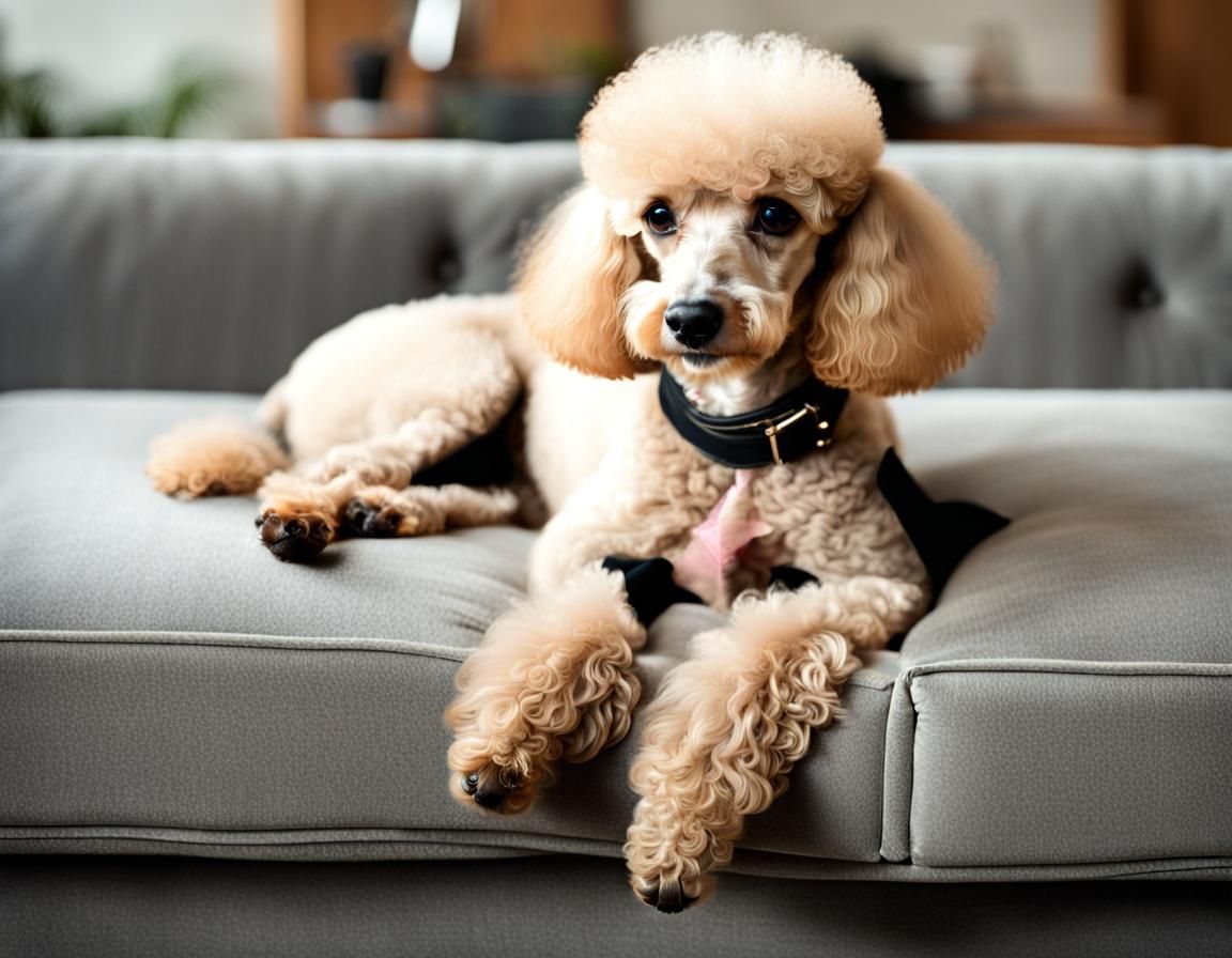 Cute Poodle Relaxing on a Sofa