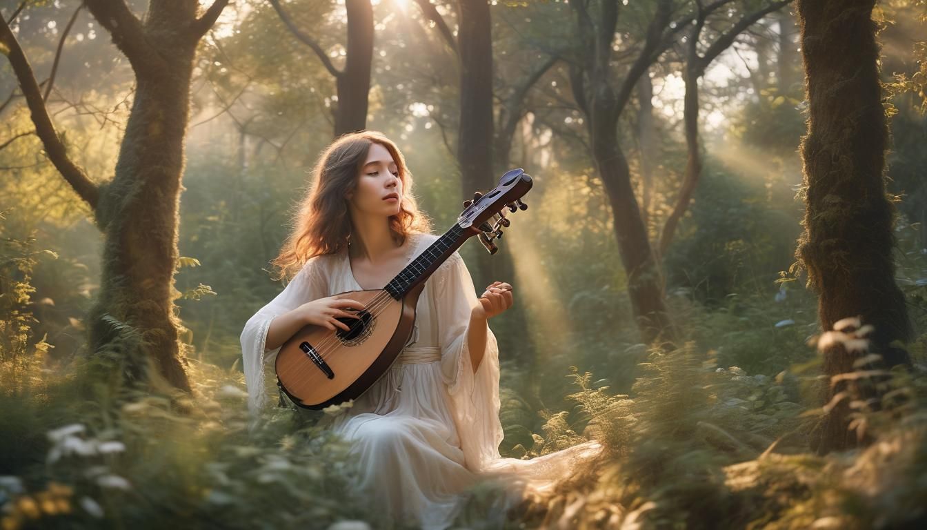 Ethereal Forest Wanderer Playing Lyre at Golden Hour