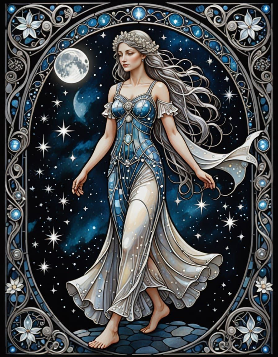 Luna, Moon Goddess on Starry Path in Art Nouveau Style