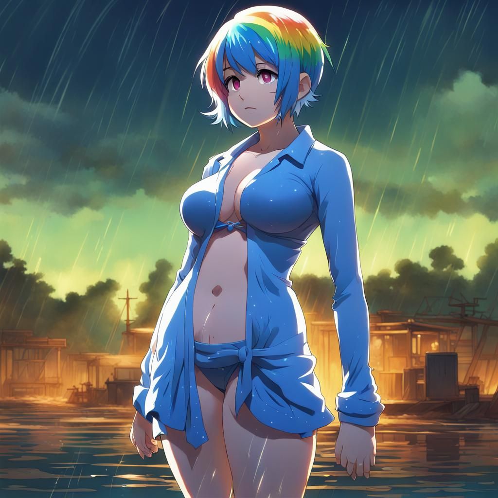 Anime Cat Girl in Glossy Bikini, Hyperrealistic Ghibli Style