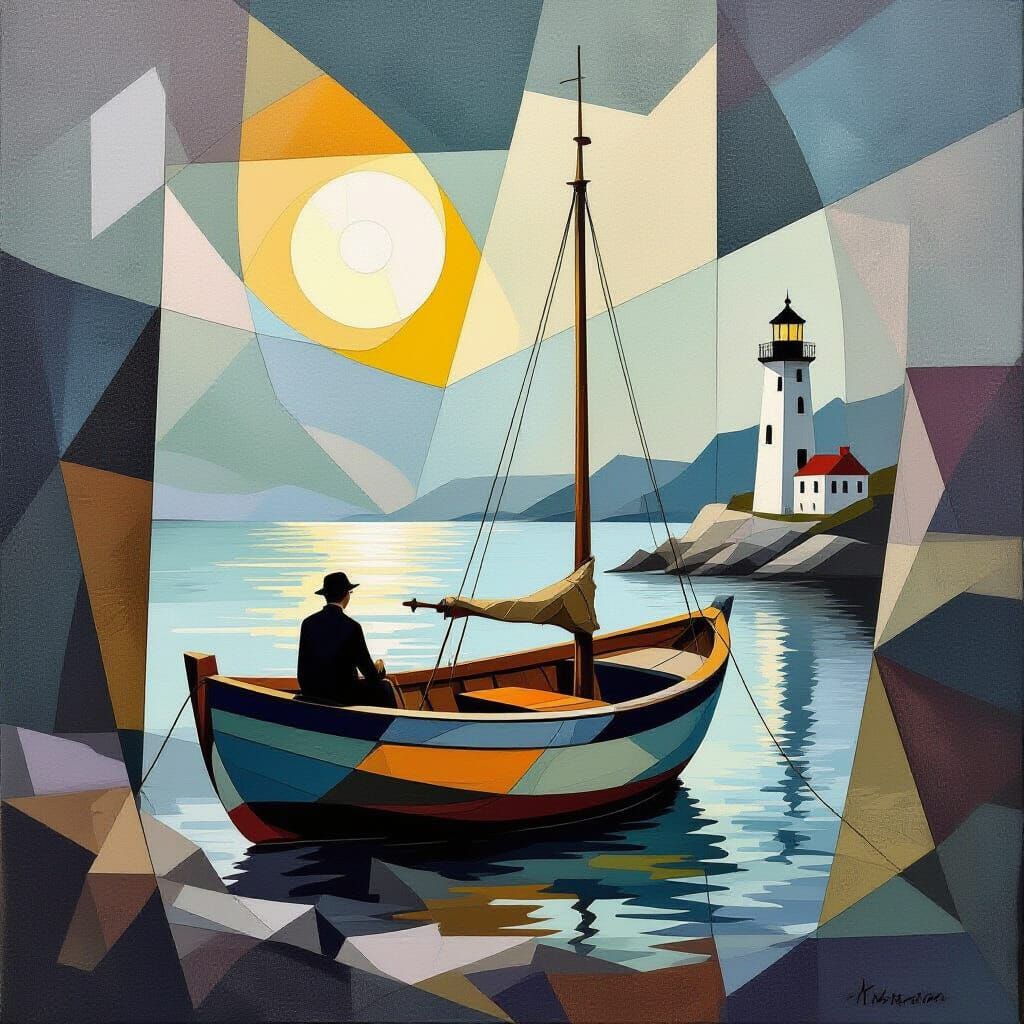 Abstract Geometric Composition of Boat, Figure, and Lighthou...
