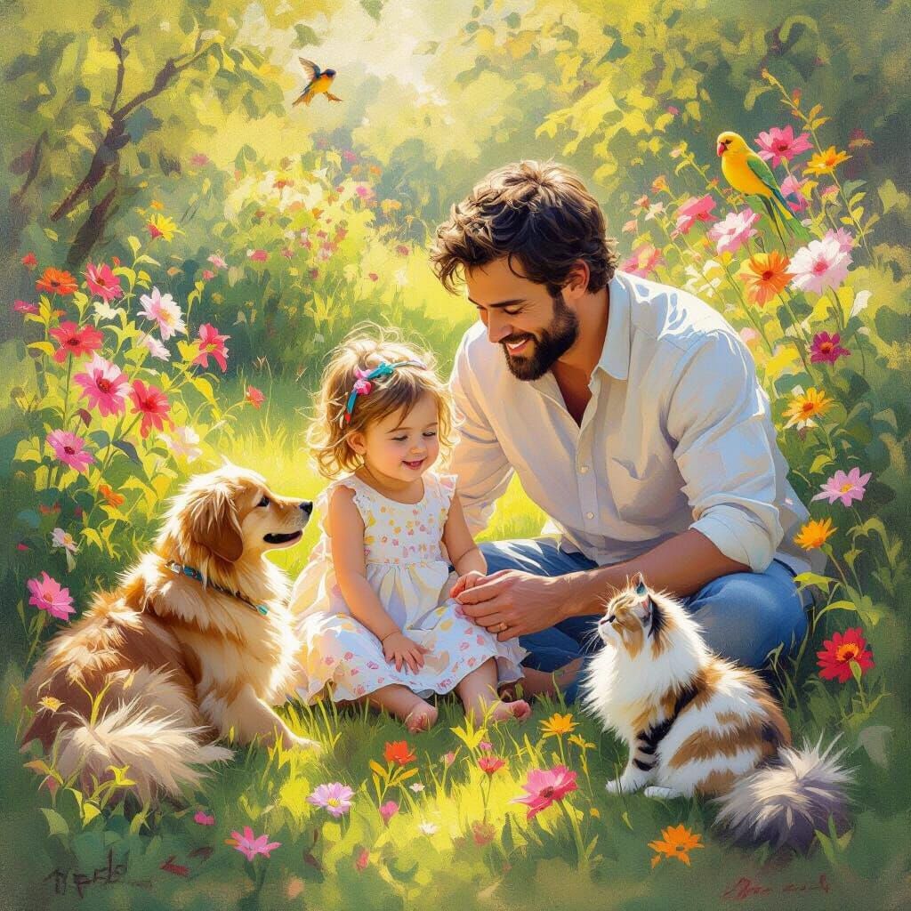 Joyful Family Play in Sunlit Garden, Impressionistic Oil Pai...