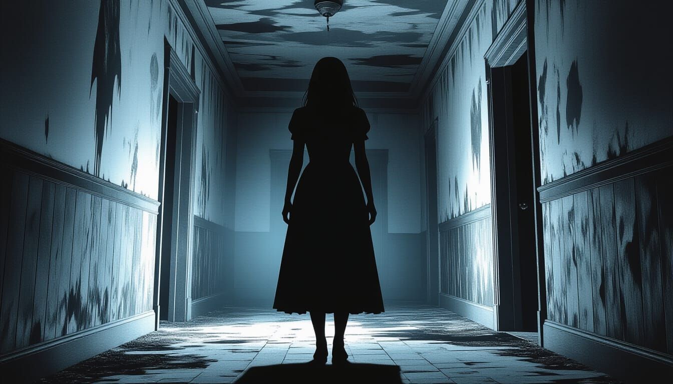 Terrifying Woman in Abandoned Hallway, Dark Fantasy Art