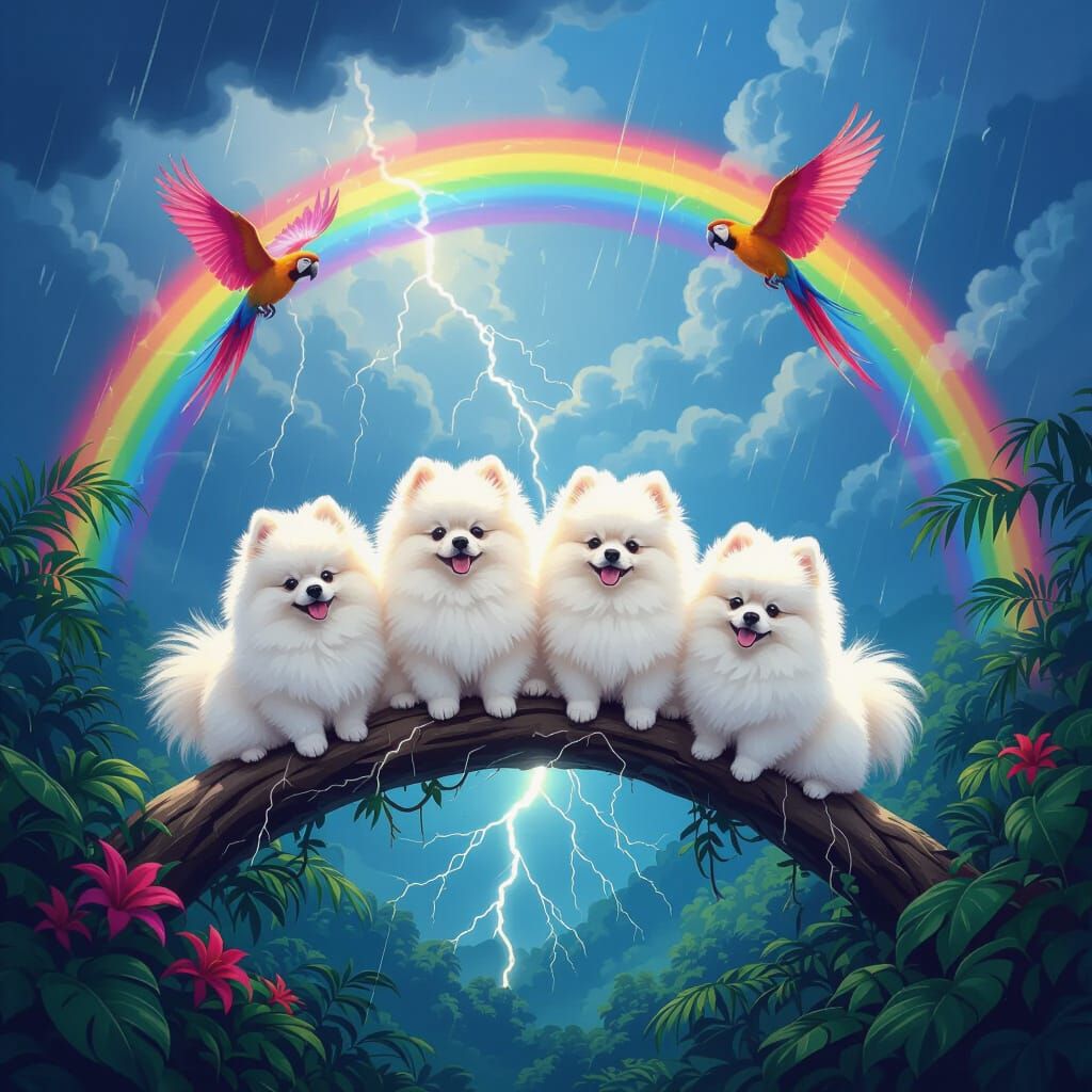Pomeranians on Lightning Amidst Jungle Storm With Rainbow