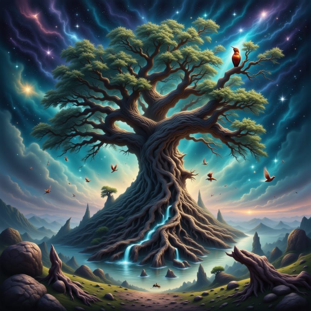 A majestic, ancient oak tree with roots that twist like gnar...