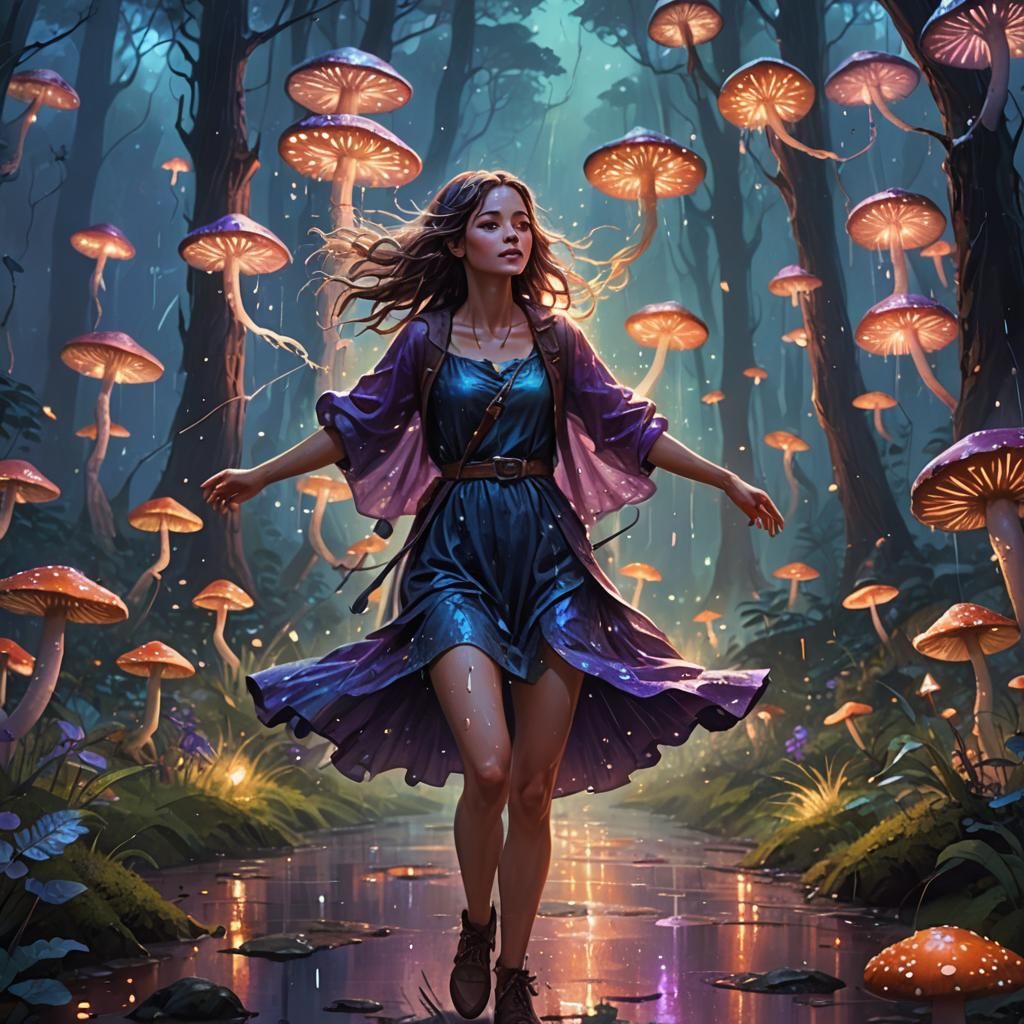 Fantasy Woman Dancing in Mystical Forest Rain