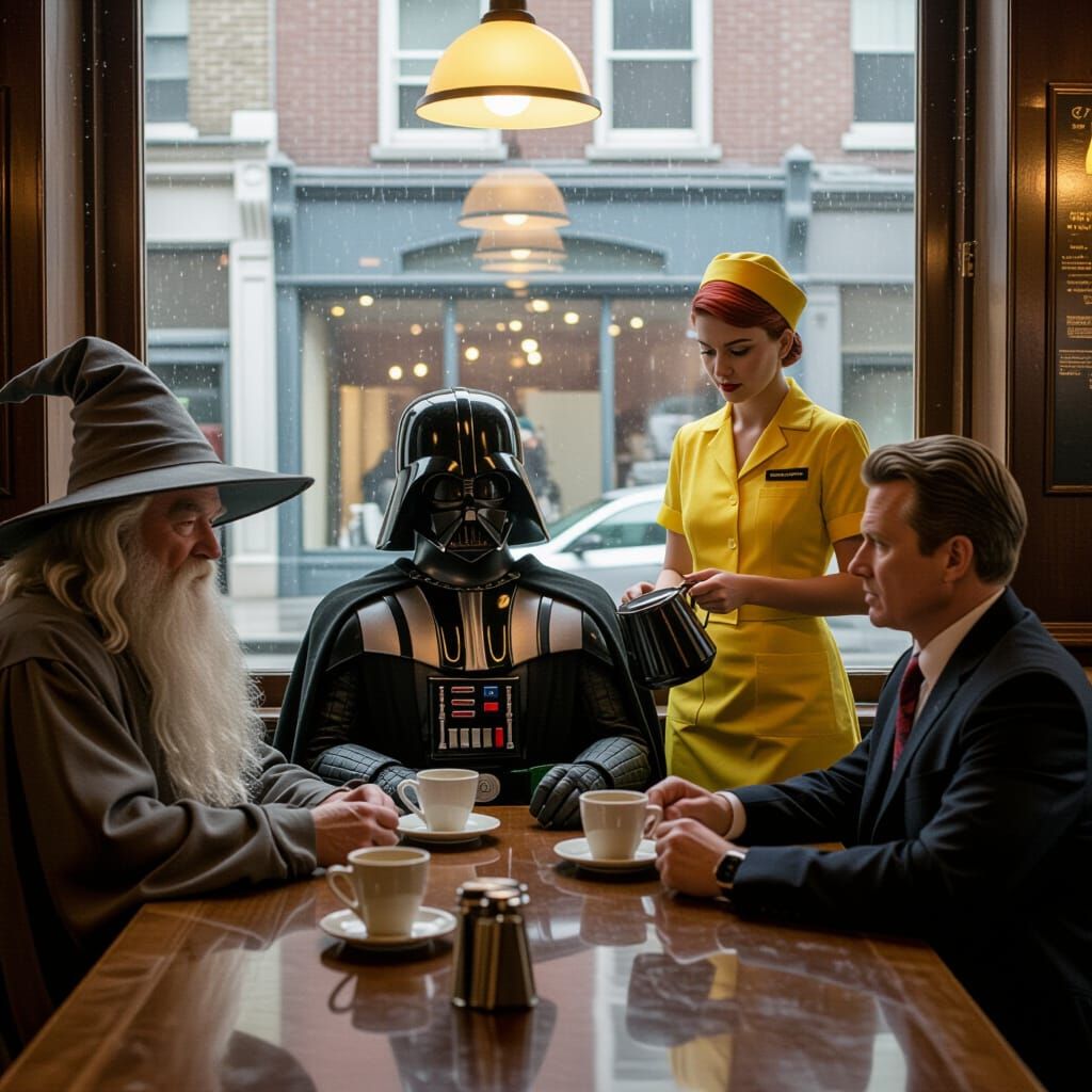 Surreal Coffee Shop Scene with Iconic Characters