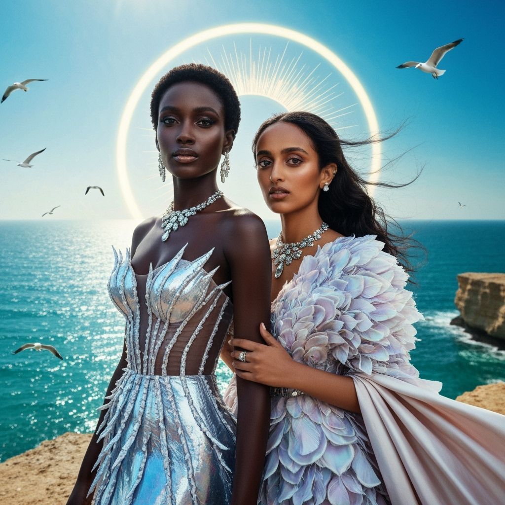 Photorealistic Sisters on Cliff Over Turquoise Sea